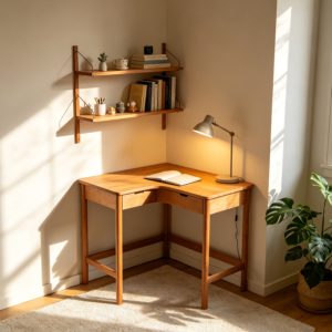 Compact Corner Desk for Small Bedrooms with Two Open Shelves